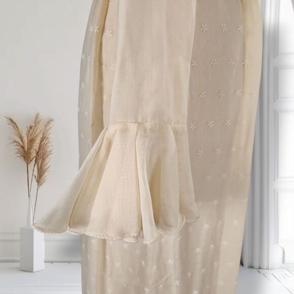 Vintage 70s Ruffle Neck Maxi Dress Size 4 Cream Eyelet Voile Bell Sleeve - Picture 6 of 16